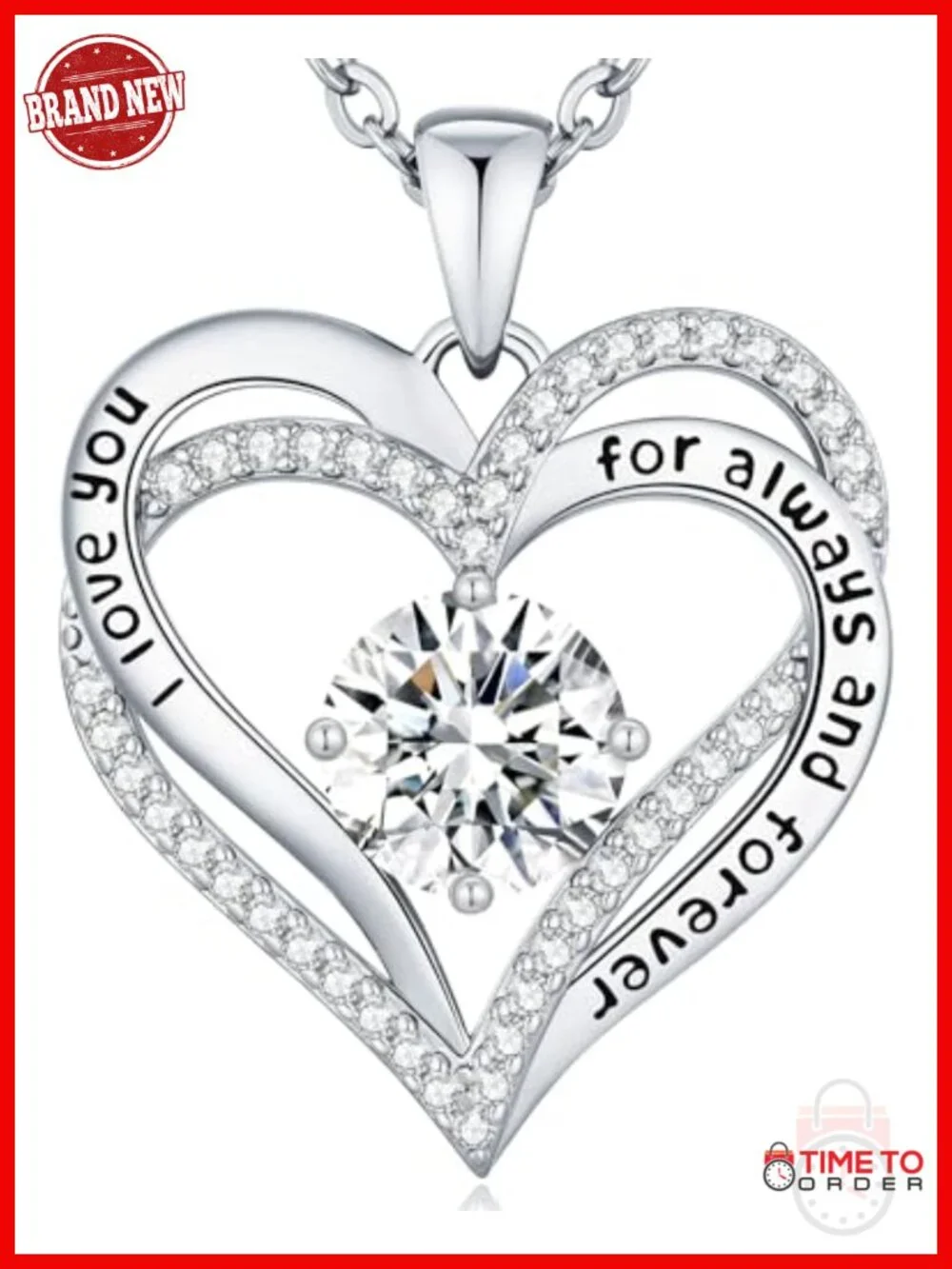 Double Heart Love Engraved Pendant Necklace with Cubic Zirconia Birthstone,
